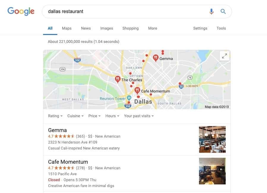 google search for dallas restaurant