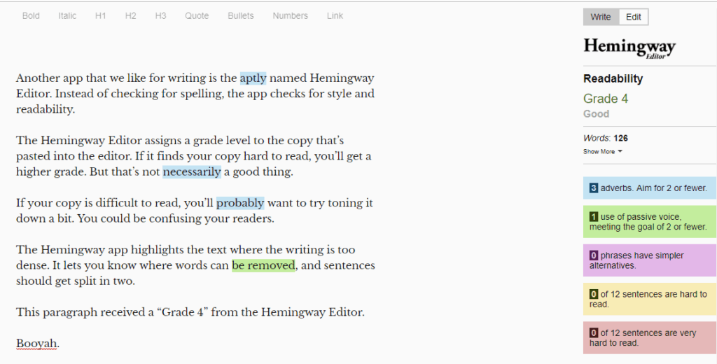 Screenshot of the Hemingway Editor