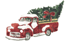 Christmas Tree in the back of a vintage red truck