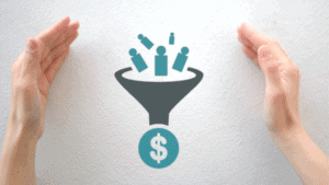 Hands around a sales funnel with people going into it